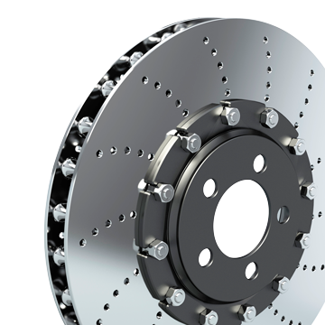 Nahaufnahme einer metallischen, belüfteten und gebohrten Automobil-Bremsscheibe mit Schrauben um die zentrale Nabe vor einem schlichten hellen Hintergrund. eco-mark ecomark laserkennzeichnung laserbeschriftung industrie