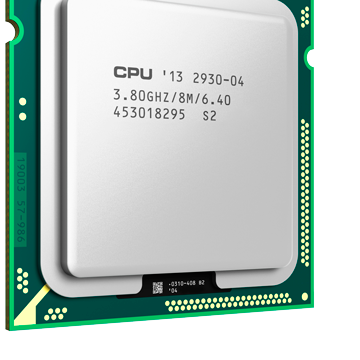 Nahaufnahme eines Computer-CPU-Chips mit metallischer Oberfläche, auf der Modellnummer, Spezifikationen und alphanumerische Codes aufgedruckt sind, die auf einer grünen Leiterplatte mit goldenen Anschlüssen angebracht sind. eco-mark ecomark laserkennzeichnung laserbeschriftung industrie