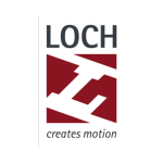 Logo mit dem Wort LOCH in fetten schwarzen Buchstaben oben, einer roten geometrischen Form in der Mitte und dem Satz "creates motion" in kursiver grauer Schrift am unteren Rand. eco-mark ecomark laserkennzeichnung laserbeschriftung industrie